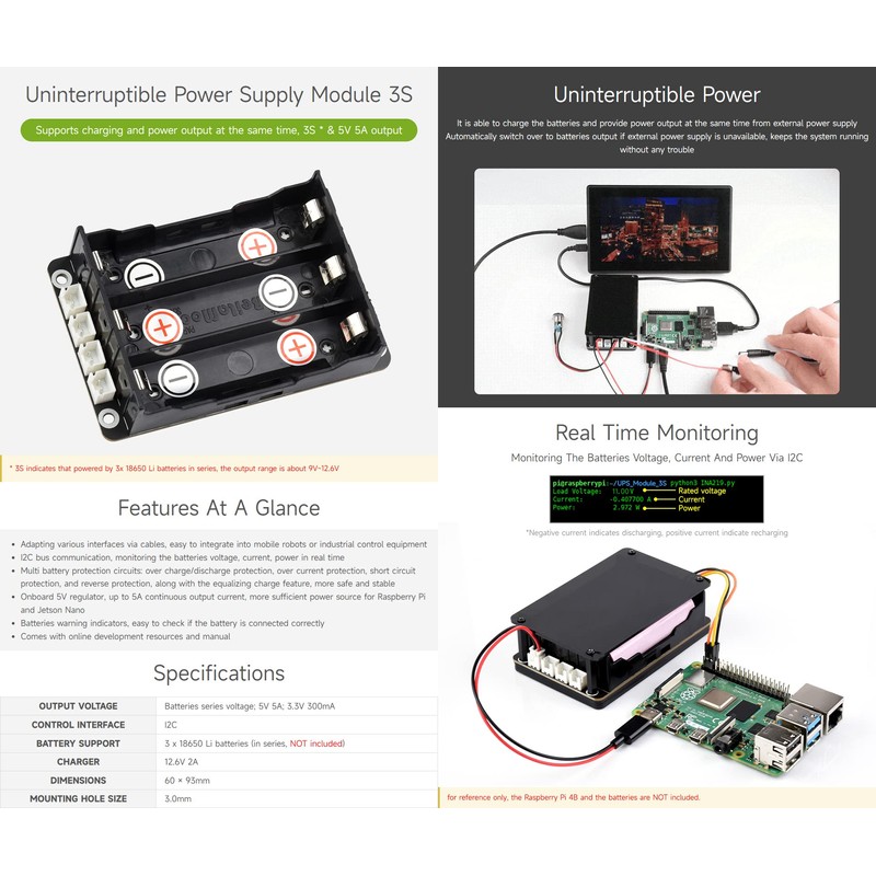 Waveshare Uninterruptible Power Supply (UPS) Module, Supports Charging and Power