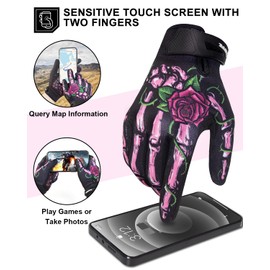 RIGWARL Motorcycle Gloves Women Touchscreen, Breathable Pink Skeleton Bike Glove Non-Slip, Designed Riding Gloves Motorcycle Women Full Finger for Mountain Bike Cycling Hiking ATV MTB Gloves