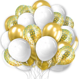 White Gold 10 Inch Metallic Balloons with Gold Confetti - 30 Pack for Birthday Parties, Weddings, Anniversaries & Baby Showers