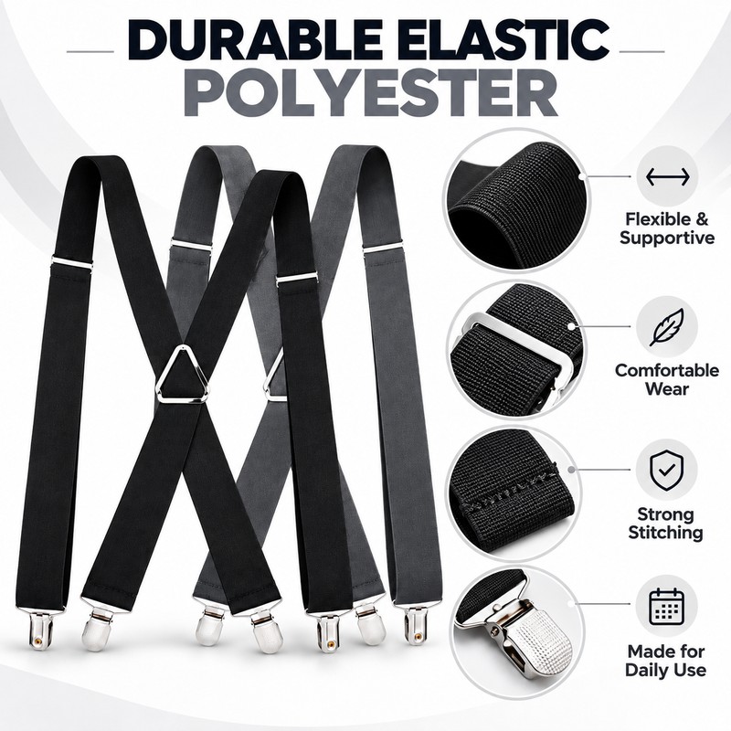 Adjustable 4-Clip Elastic X-Back Suspenders, 3.5 cm Wide Polyester Braces