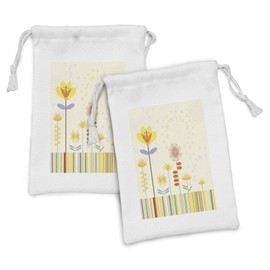 Lunarable Flower Fabric Pouch Set of 2, Kinds of Flower in Minimalist Pattern Soft Girly Retro Themed Drawing, Small Drawstring Bag for Toiletries Masks and Favors, 9" x 6", Multicolor