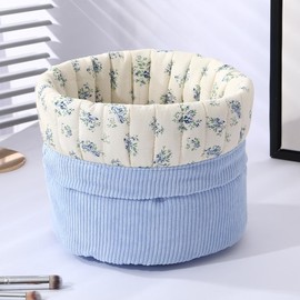 Lyssiatina Aesthetic Quilted Cotton Drawstring Makeup Bag with Corduroy Lining，Coquette Portable Travel Cosmetic,Toiletry Organizer Pouch for Women Girls（Blue Gourd）