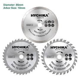 HYCHIKA Mini Circular Saw Blades 3 PCS Diameter: 85mm, Arbor: 10mm, HC/HS/Diamond 4500 RPM