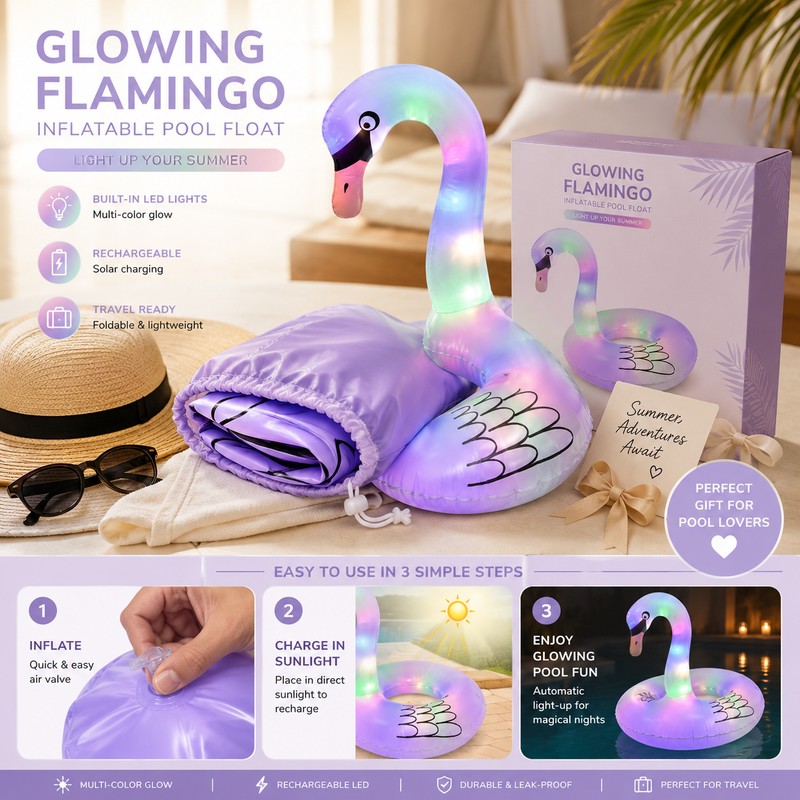 Solar Light Flamingo Pool Float for Summer Lounging – Inflatable