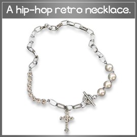 LGWJHCY Crystal Cross Pearl Necklace, Gothic Crucifix Pendant Necklace, Punk Pearl Chain Necklace, Rock Hip Hop Cross Necklace, Silver Beads Jewellery for Women and Girls, Alloy Steel, Zircon