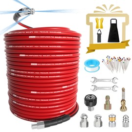 NaiNai 200FT Sewer Jetter Kit for Pressure Washer,1/4 Inch NPT Sewer Jetting Hose,Pressure Washer Drain Cleaner Hose 5800PSI with Sewer Jetter Nozzles, Gloves, Waterproof Tape, Apron (200FT)