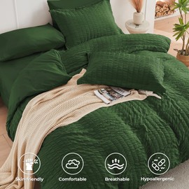 HYMOKEGE Dark Green Duvet Cover King Size, Ultra Soft & Breathable 3PC Seersucker Duvet Cover Set with Zipper Closure & Corner Ties – Includes 1 Duvet Cover (104"x90") & 2 Pillowcases