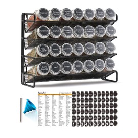 SpaceAid Spice Rack Organizer with 28 Spice Jars, 386 Spice Labels, Chalk Marker and Funnel Set for Cabinet, Countertop, Pantry, Cupboard or Door & Wall Mount - 28 Jars, 13.4" W × 10.8" H, Black