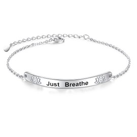 925 Sterling Silver Just Breathe Bracelet for Women for Anxiety Stress Relieving Lotus Flower Charm Bracelets for Teenage Girls Yoga Fans Inspirational Cuff Bangle, Sterling Silver, Cubic Zirconia