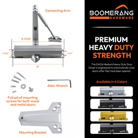 Medium/Heavy Duty Automatic Commercial Door Closer -Boomerang D4016 Surface Mounted, Grade 1- ADA & UL 3 Hour Fire Rated, Adjustable Size 1-6 for Entry & Aluminum Storefronts, Aluminum/Silver (US26D)