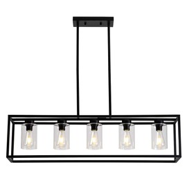Sivilynus 5 Lights Black Dining Room Chandelier Hanging Light Fixture Modern Kitchen Island Linear Lighting Farmhouse Chandelier with Clear Glass Shade for Bar Restaurant