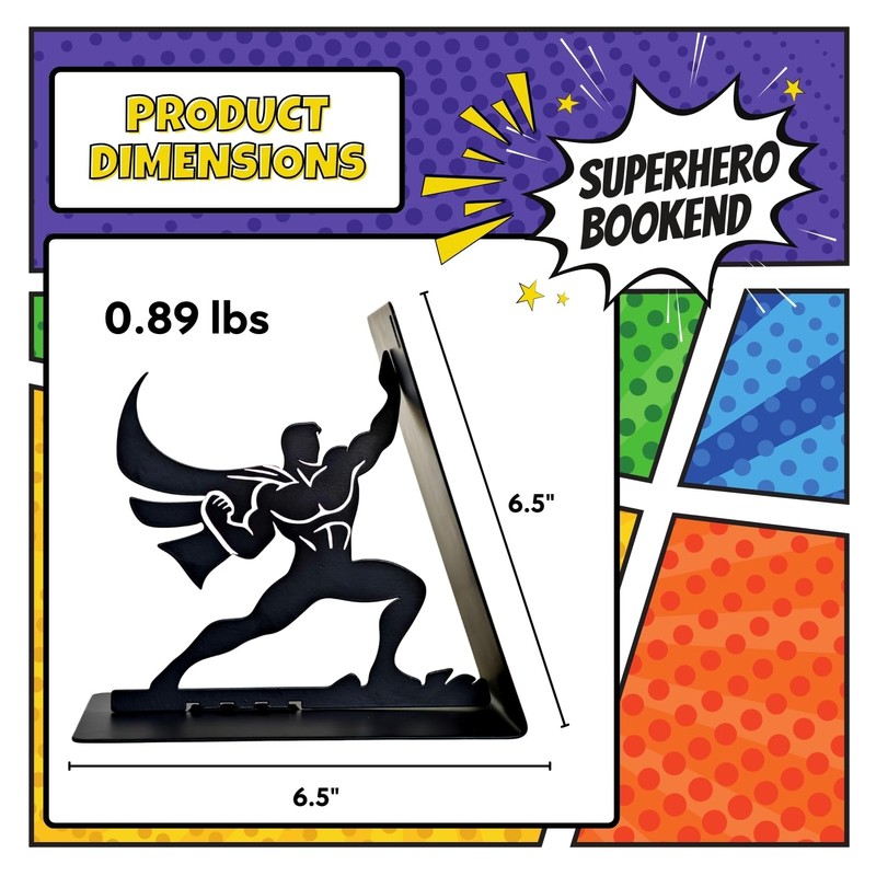 Superhero Metal Bookend – 6.5 Inch Heavy-Duty Book Holder with