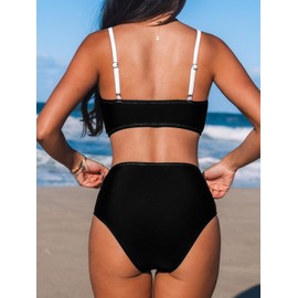 CUPSHE Bikini Sets for Women Two Piece Swimsuits High Waisted Twist Front Adjustable Spaghetti Straps V Neck Back,M Black/White