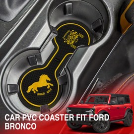 Car Cup Holder Coaster Compatible with Ford Bronco, Silicone Water Coaster, Build Wild Design, Carbon Fiber Pattern, 2021-2025 (Yellow)