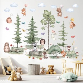 ANHUIB Large Pine Tree Wall Stickers Forest Animal Bear Fox Peel and Stick Wall Art Decals Woodland Animals Wall Stickers for Kids Room Baby Bedroom Nursery Animal Wall Decals Boys Girls Room Decor
