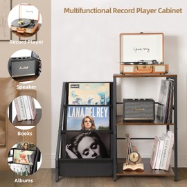 Bikoney Record Player Stand, Turntable Stand with 3-Tier Vinyl Record Storage, Record Player Table Holds Up to 200 Albums, End Table for Vinyl Records, Vinyl Record Holder Cabinet for Living Room