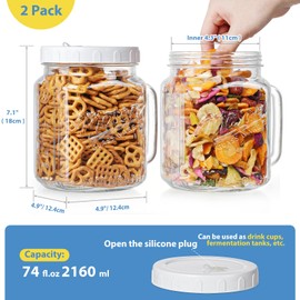 Sovietiep 2 Pack Glass Wide Mouth Mason Jars, 74 oz Large Mason Jars with Handles for Sealing, Glass Jars for Food Storage, Overnight Oats, Dry Food, Snacks, Candies, DIY Projects