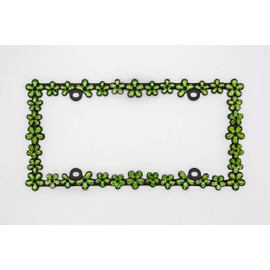 Creathome 3D Shining Daisy Wrenth License Plate Frame from Pure Zinc Alloy Metal Perfect Plate Holder, Matt Black with Green Glitter