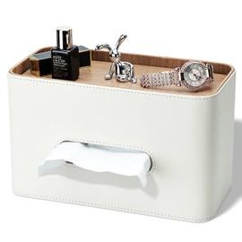 GORESE Cosmetic Tissue Box with Tray, Leather Tissue Box, Paper Tissue Holder Tissue Box for Office, Home, Car, Bathroom, Tissue Box Tissue Dispenser with Shelf for Small Items (White)