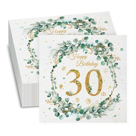 GROVBLE Pack of 40 Napkins 30th Birthday, Napkins Birthday, Napkins Eucalyptus Green, Happy Birthday Napkins for Decoration 30th Birthday Girl Boy Birthday Celebrations Party Anniversary 33 x 33 cm