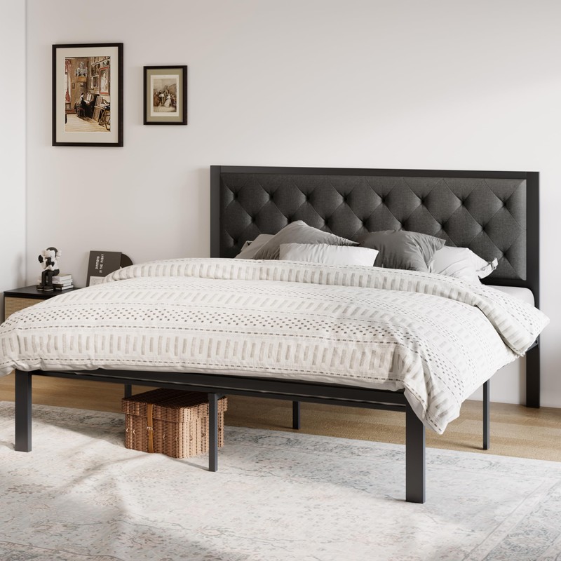 Allewie King Bed Frame with Upholstered Headboard, Chic Diamond Stitched