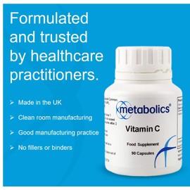Vitamin C Capsules by Metabolics | 500mg Vitamin C Per Capsule Providing 625% NRV | Pot of 90 Capsules Suitable for Vegans & Vegetarians- No Additives or Flowing Agents