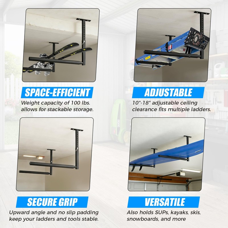 LLNYFL Stainless Steel Ceiling Storage Rack, 10"-18" Height Adjustable,Kayak Overhead