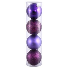 Vickerman 4-Finish Assorted Plastic Ornament Set Shatterproof Christmas Ball Ornaments with Drilled Cap, Assorted 4 per Bag, 10", Plum