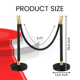 2 PCS Black Stanchions with Black Ropes - Crowd Control Barriers for Events VIP Posts with Velvet Ropes Elegant Stanchion Kit for Parties Red Carpet Poles and Safety Barriers