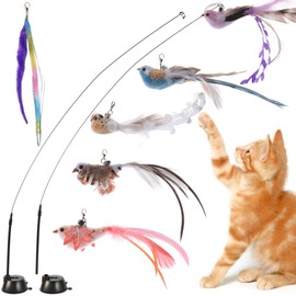 Kojude Cat Wand Toys with Suction Cup,Interactive Bird Simulation Cat Toy Set,Include 5 Replacement Birds and 1 Feather Toy with Coloured Ribbon (Large, 6PCS)