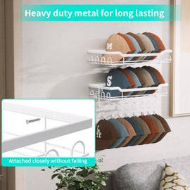 HapiRm Metal Hat Rack Wall - Wall Mounted Hat Holder with Hooks and Clip Design, 2 Packs baseball cap organizer Holds Up to 48 Caps for Wall, Bedroom, Closet, White
