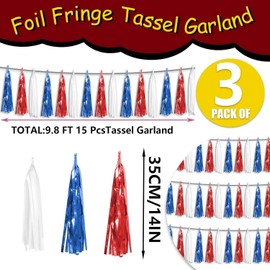 3P Red Blue White Foil Fringe Tassel Garland Metallic Tinsel Streamer Banner Wall Curtain Backdrop for Parade Floats, Graduation, Independence Day, 4th of July, Patriotic Themed Party Decoration