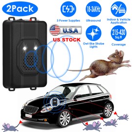 Ultrasonic Repelle 2 Pack Under Hood Ultrasonic Rodent Repeller Rodent Control Deterrent Chaser Blocker for Vehicle Indoor with Strobe Light 3 Power Supplies for Bedroom Garage Warehouse Office