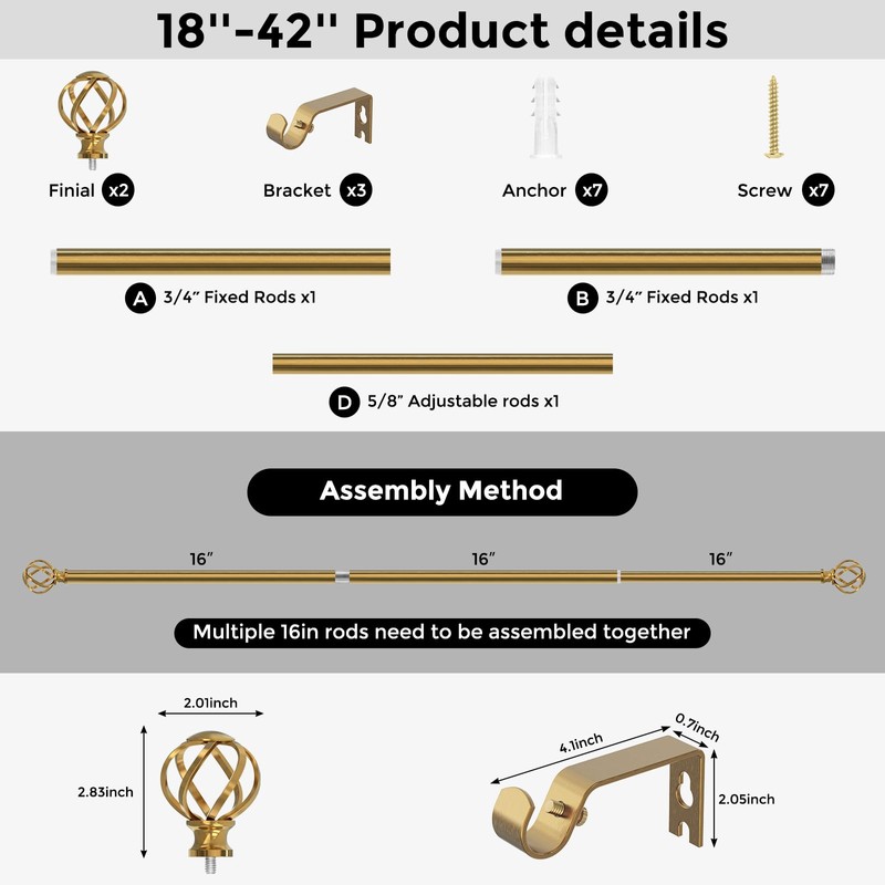 VOIIY Curtain Rods for Windows 18 to 42 Inch(1.5-3.5 Feet),3/4"