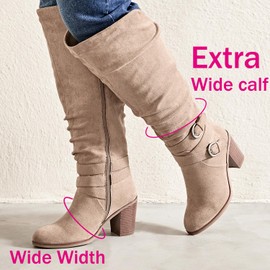 Luoika Women's Extra Wide Calf Knee High Boots, Wide Width Slouchy Knee-High Boots Chunky Pump Heel Plus Size Boots. Beige 230703 10XW