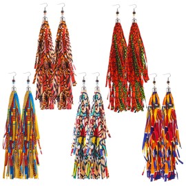 5 Pairs African Fabric Tassel Earrings African Jewelry Afrocentric Earrings Ankara Fringe Hoop Earrings for Women Costume (Elegant Style)