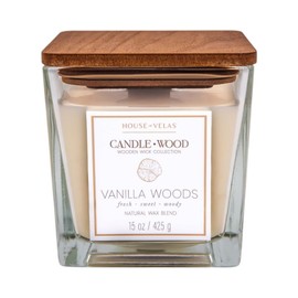 House of Velas Candle Wood Collection, 15 oz, 1 Wooden Wick, Vanilla Woods, Square Glass Jar Candle