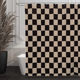 Tititex Aesthetic Checkerboard Grid Pattern 140gsm Faux Linen Fabric Shower Curtain, Black Brown Modern Shower Curtain Sets Decoration 71x71 Inch with Hooks