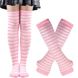 Jeserom Women Striped Knee High Socks Knit Arm Warmers Long Fingerless Gloves Set (Pink)