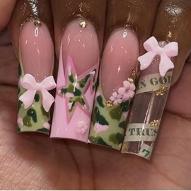 MERVF Square Press on Nails Extra Long Fake Nails Pink French Tip Glue on Nails Green Star Press ons Bow Flower Squoval Acrylic Spring Nails Gyaru Design for Women Glossy 24pcs