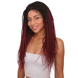 LUXLUXE Nikkita Straight 25 Inch Long 4X4 Hand-Tied Lace Braided Wig, Heat Resistant Fiber, (Black to Burgundy Ombre)