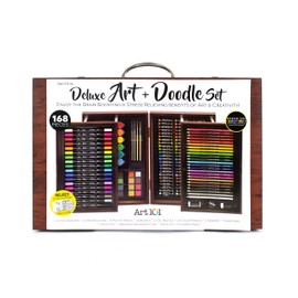 Art 101 USA 168 Piece Deluxe Art and Doodle Set in an Expandable Wood Carrying Case, Includes Dual Tip Markers, Colored Pencils, Oil Pastels, Water Colors, Portable Art Studio