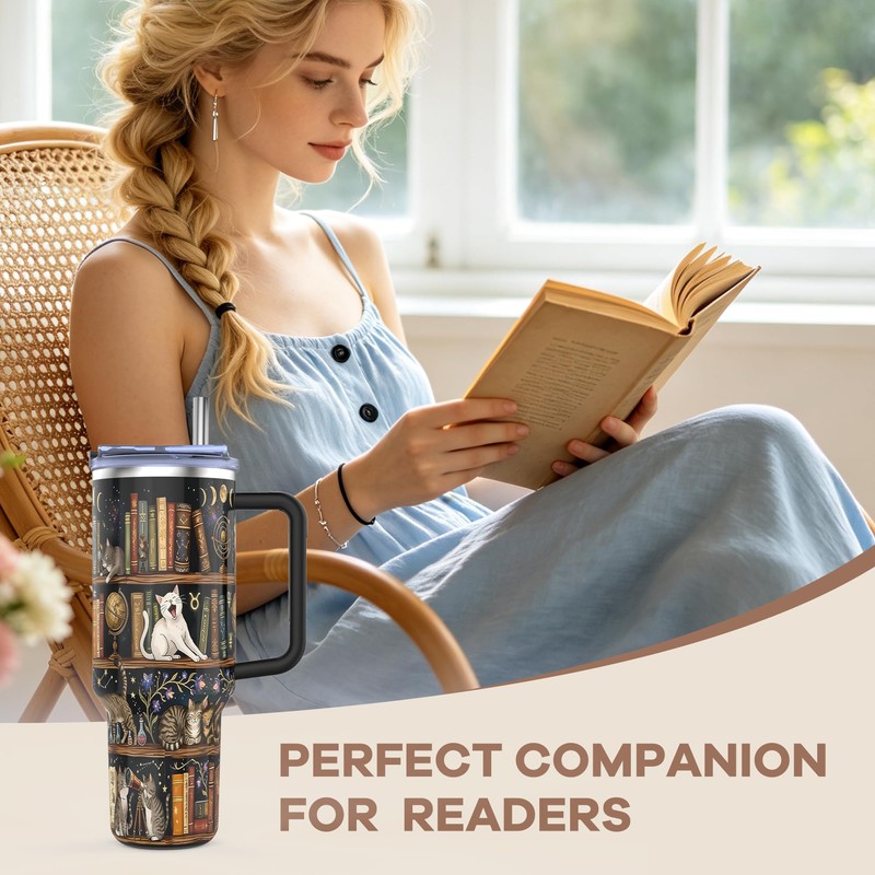 Book Lovers 40Oz Cat Tumbler with Handle and Straw, Stainless