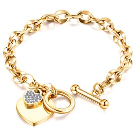 THINTOM Womens Stainless Steel Link Chain Heart Charms Bracelets for Her 7.09'' Length Toggle Clasp Closure (Gold)