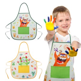 ROSEMO 2 Pack Kids Aprons for Cooking, 6-12 Years Children's Aprons, Cartoon Monsters Kitchen Chef Aprons with 2 Pockets for Baking Cooking Crafts Painting Artist, Girls Boys Birthday Gifts