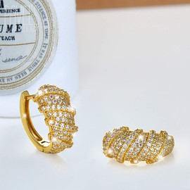 Golden Women's Hoop Earrings Stripes for Women Gold 5A Zirconia Earrings Gifts for Her Shiny Birthday Gift Twisted Silver Design Jewellery, Silver 18K gold plated, Cubic Zirconia