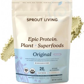 Sprout Living Epic Protein Powder, Original Flavor, Organic Plant Protein, No Additives, Gluten Free, 26 Grams Clean Vegan Protein (1 pound,13 servings)