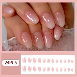 Almond Press on Nails,Acrylic Nails Press on, Almond Shape Press On Nails Short Fake Nails Glossy False Nails with Pink White Ombre Press ons Designs Artificial Nails Stick on Nails for Women 24Pcs