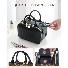 Prite Makeup Bag Cosmetic Bag Large Capacity Side Openings Travel Waterproof Portable Toiletry Bag with Handle and Multiple Compartments, black, M