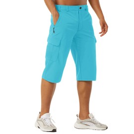 EKLENTSON Cargo Long Shorts for Men with Pockets 3/4 Pants Lightweight Summer Casual Knee Length Shorts Ice Blue 36